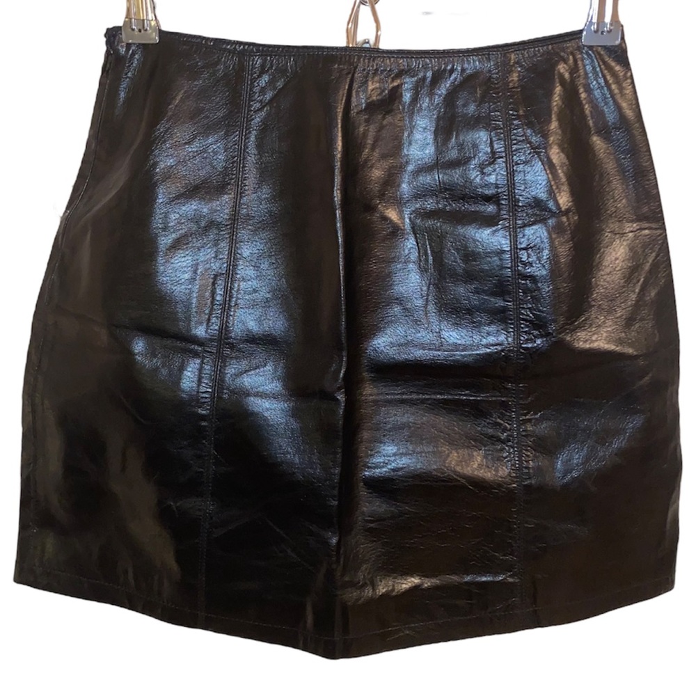 Copper Key Front Slit  Black Leather Skirt Size 3 - Picture 3 of 5